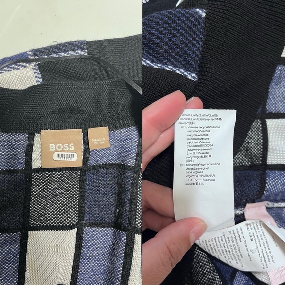 BOSS Fiabetta Tile Print Cardigan Black Plaid Knit - Picture 3 of 16